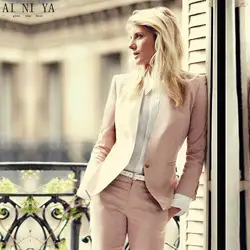Пользовательские светло-розовый 2018 Мода женские деловые костюмы 2 шт. Блейзер комплект стройная фигура женские офисные форма Дамы брючный