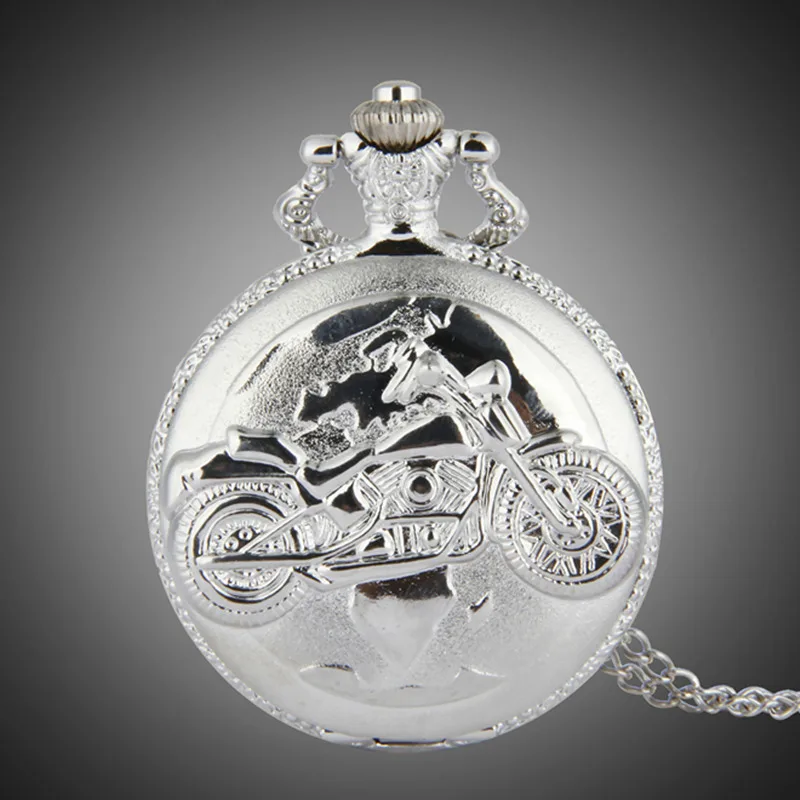 

New Silver Color Pocket Watch Motorcycles Pattern Relogio De Bolso Quartz Watch with Necklace Quartz Clock masculino relogio