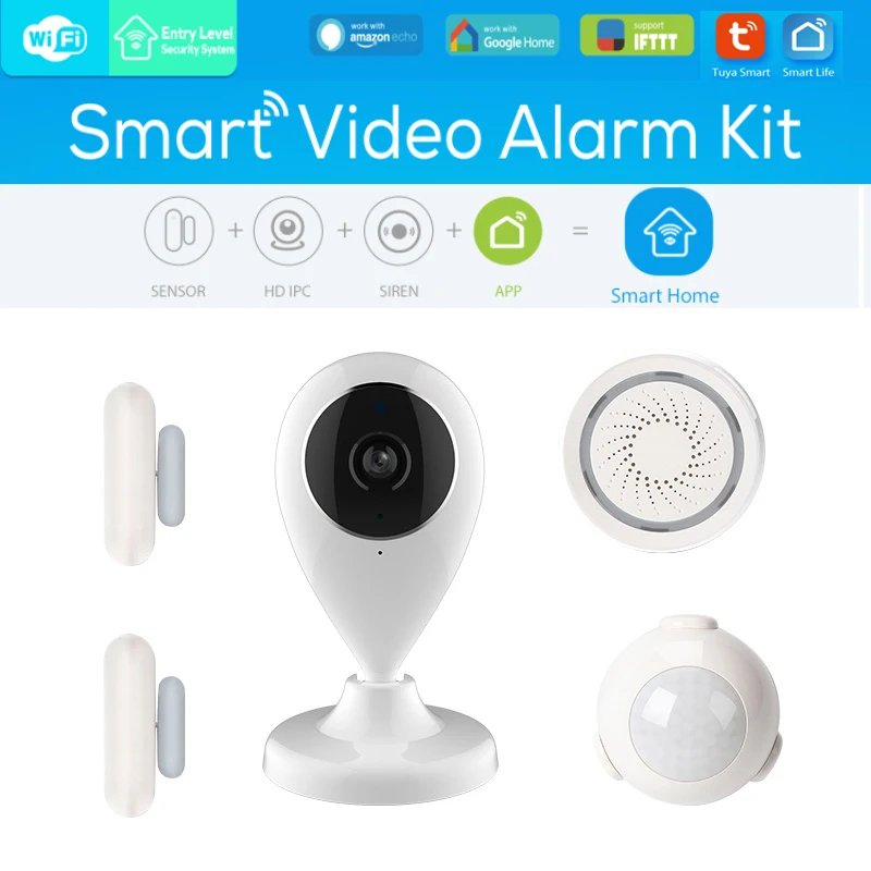 

EU/US/UK Smart Home Video Alarm Kit Concluding 720P Cameras 3 sensors 1 Siren Alarm All Support Wifi Smart Life TUYA Smart APP