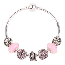 Couqcy серебряный шарм браслет с открытым сердцем и короной Розовый муранского стекла бусины для женщин браслет