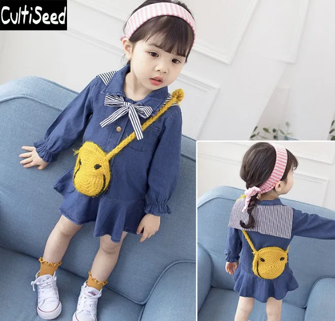 

CultiSeed BrandBaby Girls Autumn Jeans Dress Clothes Vestidos Baby Kids Bow Collar Jeans Dress Children Princess Party Clothing
