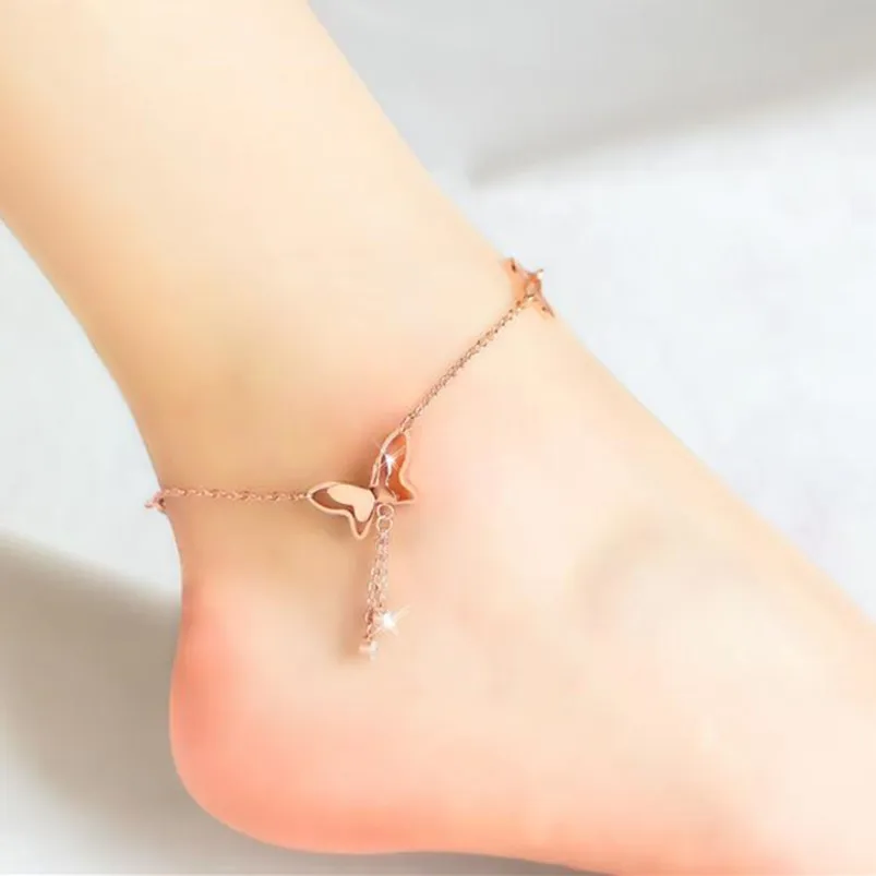 สวยrose g old titanium ankletsเหล็กผีเสื้อพู่ankletsผู้หญิงสวมรองเท้า