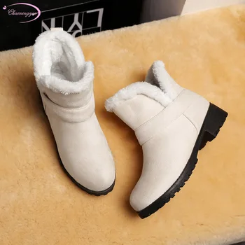 

South Korean college style comfortable winter warm snow boots slip-on beige black low heel thick ankle boots women's shoes