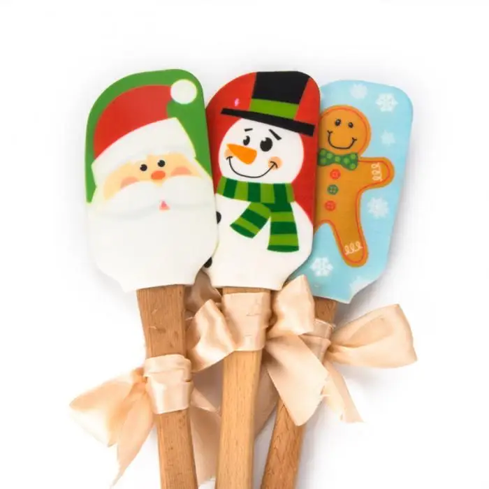 Silicone Butter Scraper Wooden Handle Cake Cream Mixing Christmas Pattern Kitchen KM88