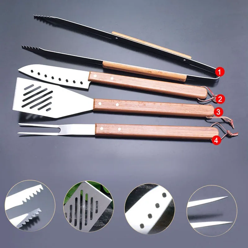 Promotion 4pcs/set Outdoor Grill BBQ Accessories Clinic Cooking Tool Set with Bamboo handle Knife Fork Tong Spatula |
