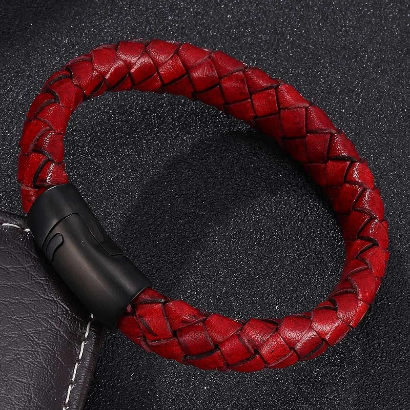 

Red Braided Leather Rope Bracelet Vintage Men Jewelry Black Magnetic Buckle Bracelets Male Wrist Band Pulsera Hombre ST509