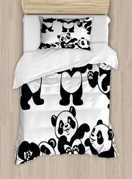 

Duvet Cover Set , Set with Playful Panda Bear in Monochrome Style Happy Young Zoo Animal Childhood, 4 Piece Bedding Set