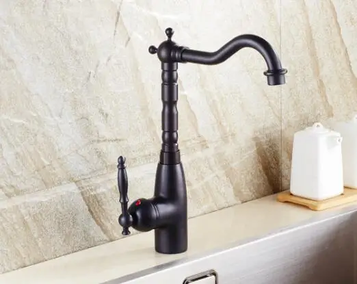 KitchenOil Bubbed Ретро Черный кран для ванной комнаты с одной ручкой на бортике раковина