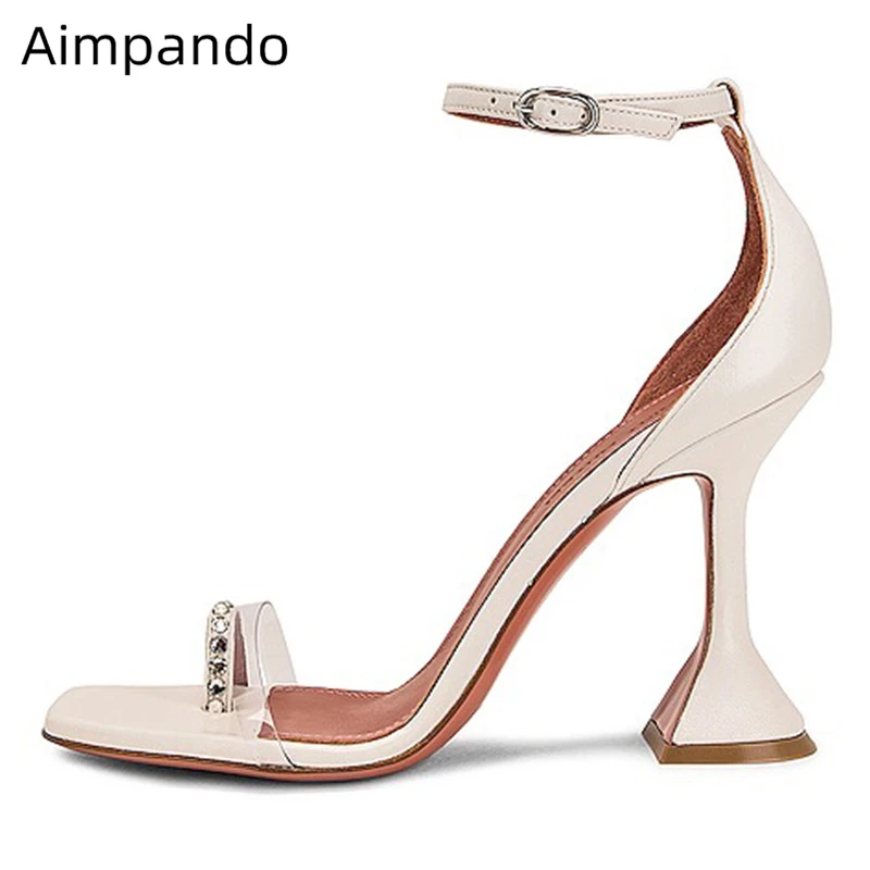 

Crystal PVC Flip Flops Individual Cup Heel High Heel Split Toe Ankle Strap Cover Heel Transparent Fashion Summer Sandals Women