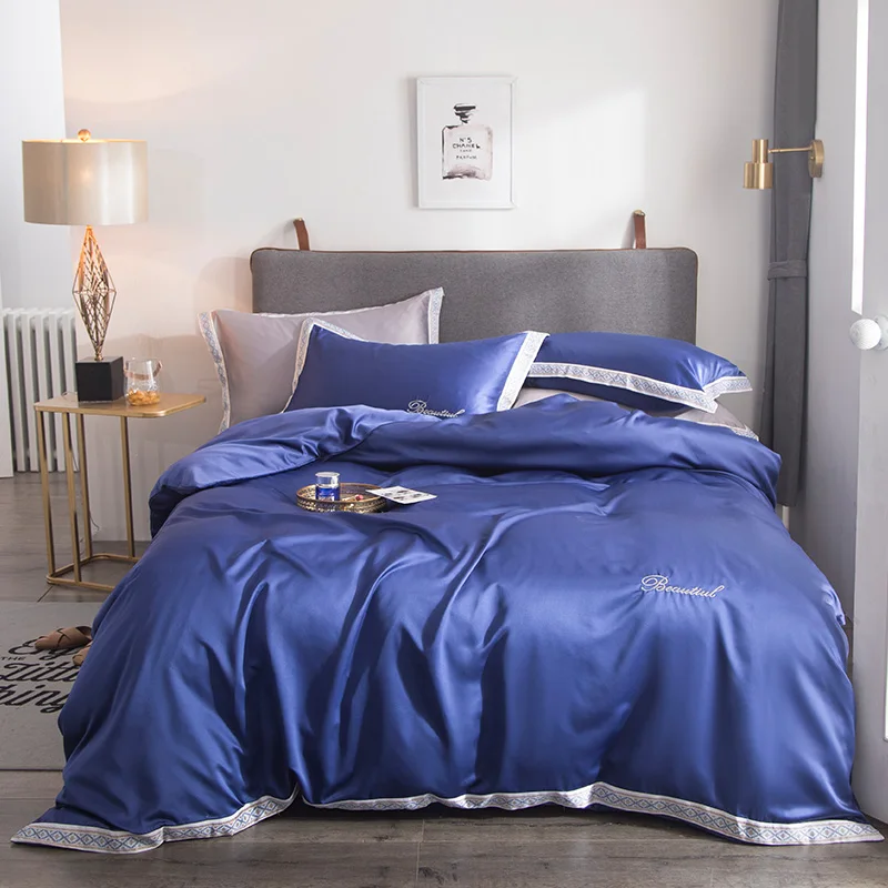 

Blue Luxury Super Soft Washed Silk Duvet Cover Set 4Pcs/Set Brief Bedding Sets Queen King Size quilt cover sets new bedclothes