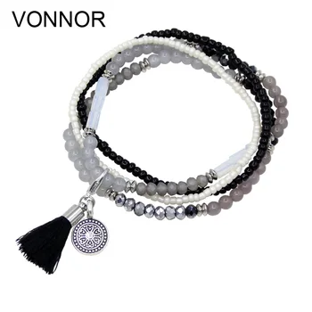 

VONNOR Jewelry Women's Multi-layer Winding Bracelets Mixed Beads Glass Crystal Strand Alloy Tassel Pendant Bracelets