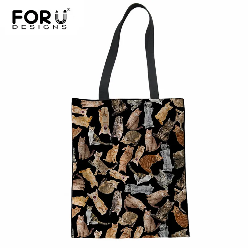 

FORUDESIGNS Eco Reusable Canvas Shopping Bags Cute Cat Puzzle Print Linen Tote Bag Women Casual Grocery Shoulder Bag Travel Bag