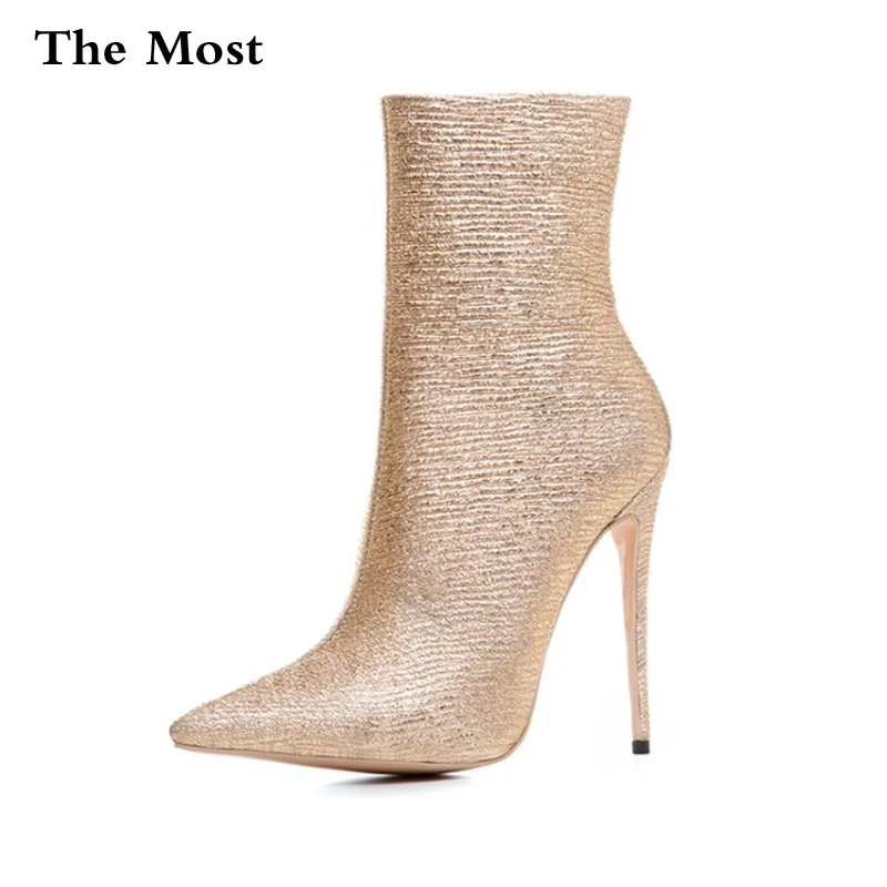 

THEMOST Women Boots Fashion Golden fold PU leather punk heels Ankle boots Plus Size33-48 Autumn Winter Casual Party shoes