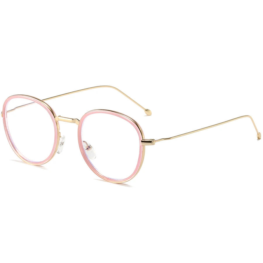 Золотисто-Розовая Круглая оправа, женские оптические линзы, мужские прозрачные очки, металлический синий светильник, блокирующие очки, компьютерные очки - Цвет оправы: Pink no Case