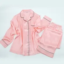 Новые шелковые пижамы, женские длинные рукава брюки, шелк рубашки с лацканами розовый шелк Домашняя одежда 6