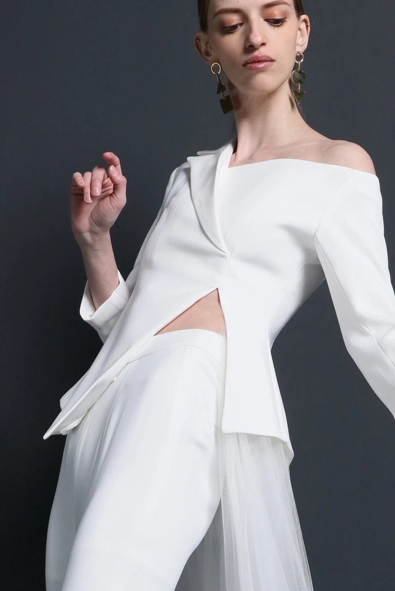 Skyesky High quality women suits pants suit Irregular white fashion jacket 2 pieces wedding suit with veil