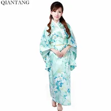 Светло-голубой Лидер продаж Традиционные японские Для женщин кимоно хаори Оби юката из искусственного шелка и Сатина вечернее платье цветок один размер H0047
