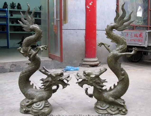 

China Fengshui Bronze Copper Year Zodiac Fly Dragon Royal Decor sculpture Pair