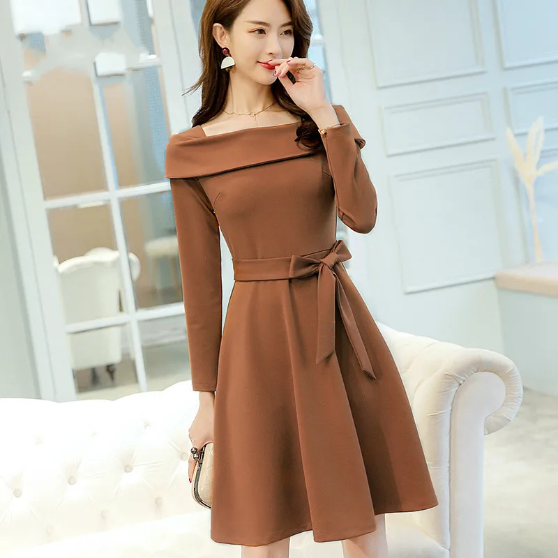 

S-XXL Spring Summer High Waist Women Dress Chic Ruffled Neck Sashes Elegant Female Dress Casual Slim Solid Color Dress