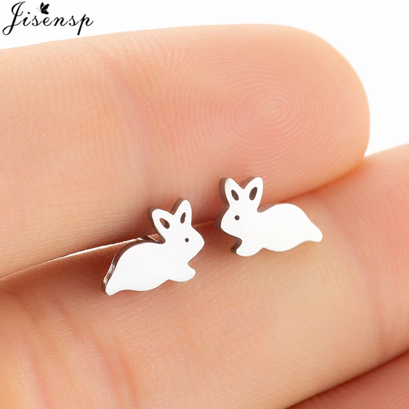 

Jisensp New Stainless Steel Rabbit Stud Earrings Women Kids Ear Jewelry Cute Animal Bunny Piercing Earring Brincos Lover Gifts