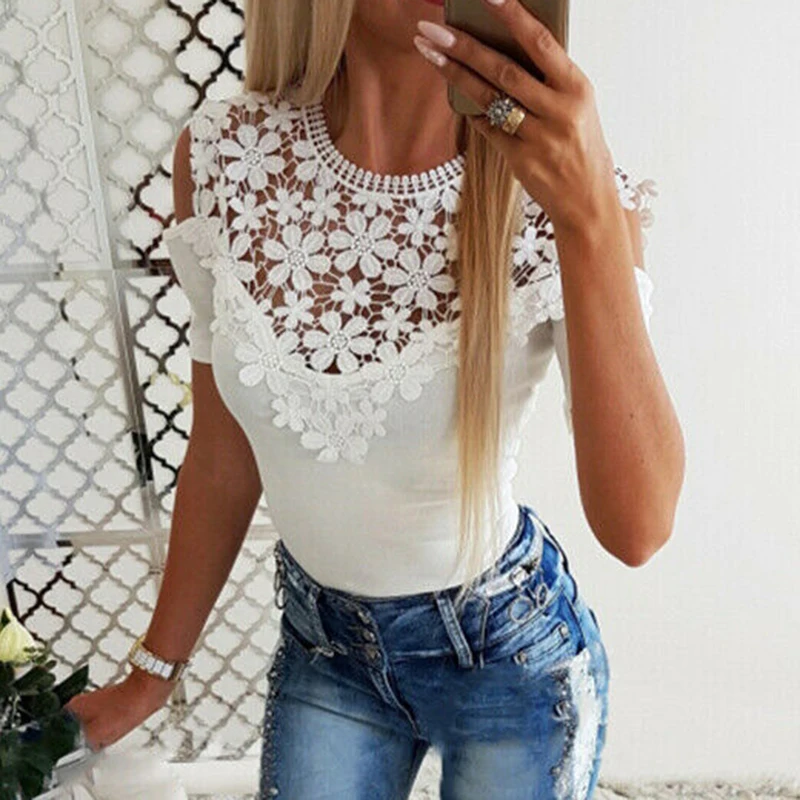 Women Summer Casual Slim T-Shirt Sexy Cold Shoulder Lace Tops Women's Clothes Elegant Ladies Fashion Tunic Shirt Black White