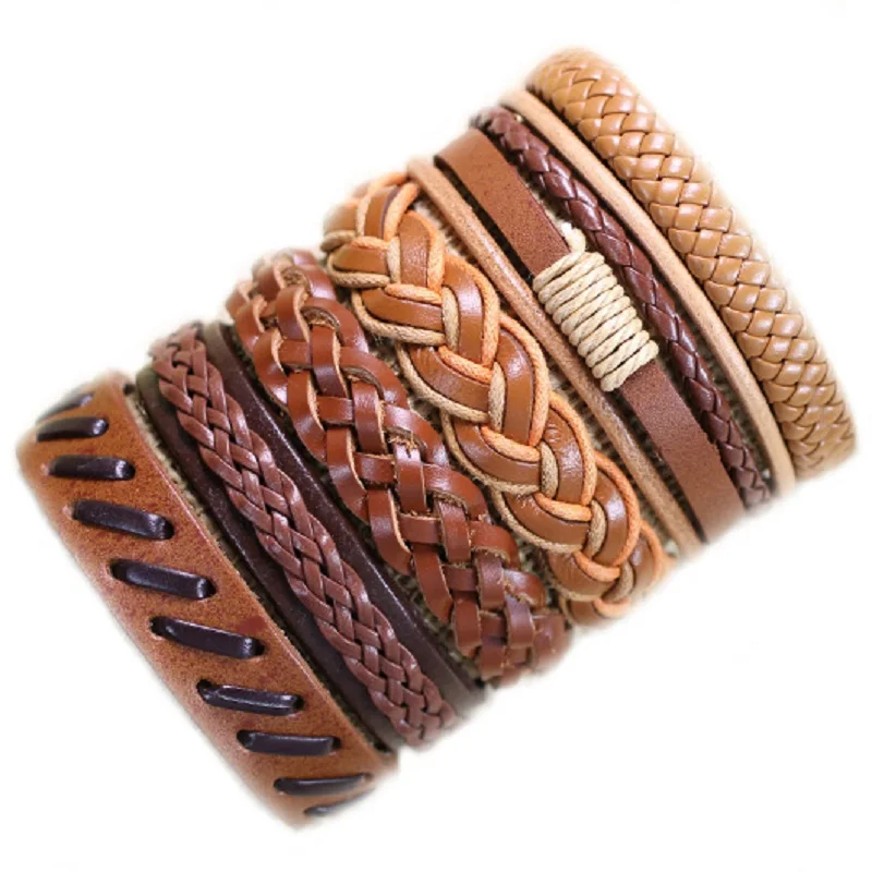 

Free shipping wholesale (6pcs/lot)handmade fashion tribal genuine adjustable light brown jewelry braid leather bracelet -S15