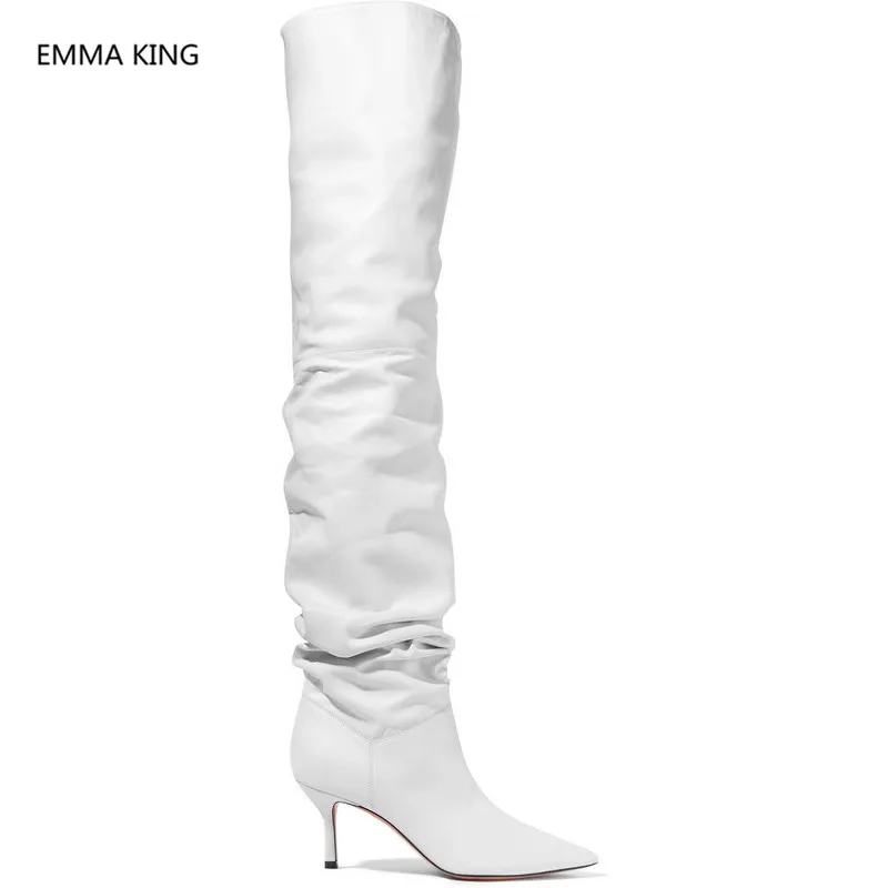 Сексуальные белые кожаные эластичные сапоги до бедра Для женщин туфли с острым носком на шпильках на высоком каблуке гофрированная обувь женские ботфорты ботинки с высоким голенищем