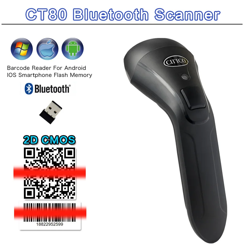 

Sturdy Large Capacity Cilico CT80 2D bluetooth Wireless Universal Bar Code Scanner Support Alipay WeChat Etc Laser Fast Scan Gun