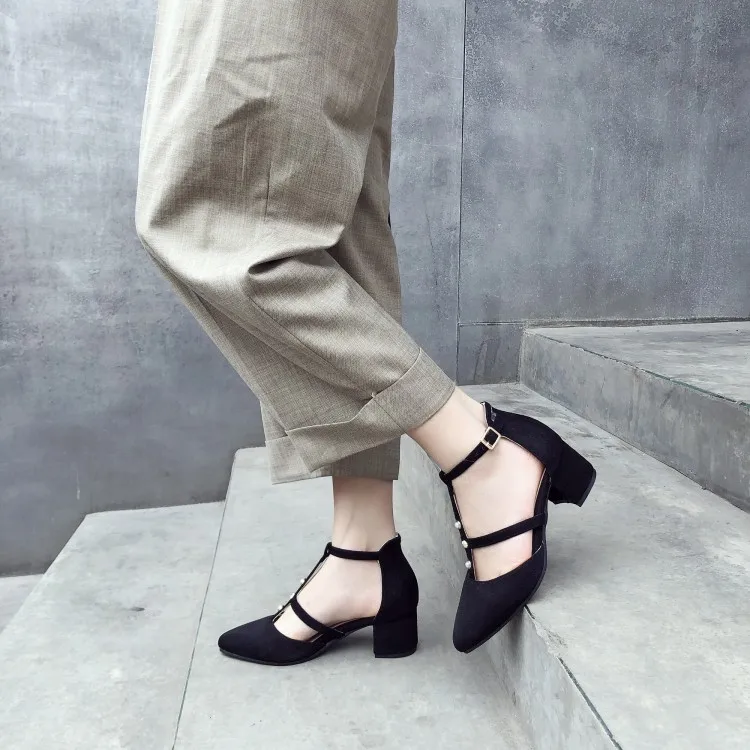 

Big Size 11 12 13 14 15 high heels sandals women shoes woman summer ladies T-type tapered heel with pointed suede and thick heel
