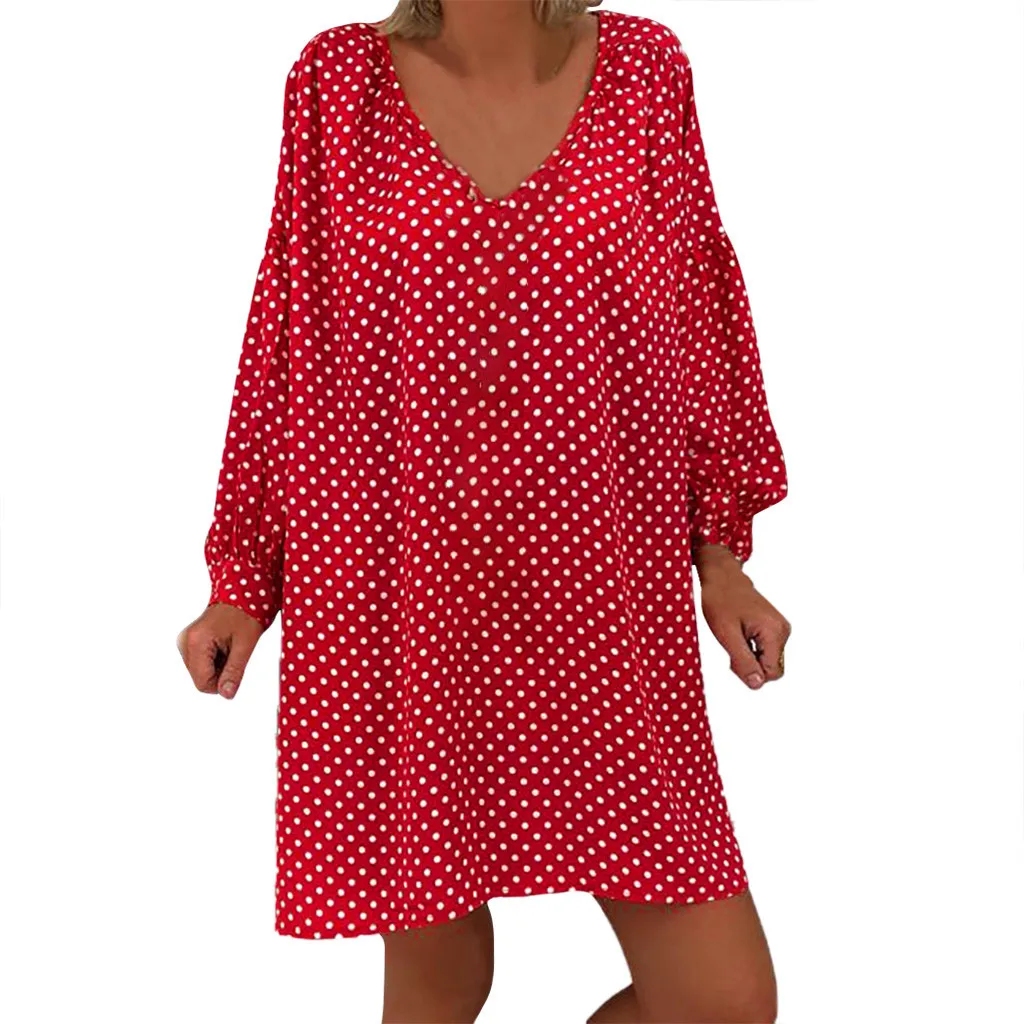 Women Size Loose Polka Dot Long Sleeve V-neck Mini Length Dress plus size dresses for women Dress sukienka robe party dress