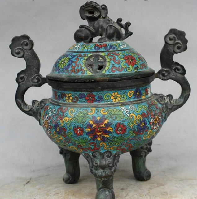 

Fast shipping USPS to USA S1778 Royal Tibet Cloisonne Bronze Lion Foo Fu Dog Ball Statue Incense Burner Censer