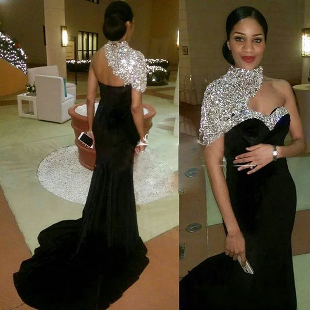 

Luxury Black Long Women Evening Dresses 2019 High Neck Crystal Beaded Pageant Mermaid Gown For Formal Evening Party Gowns X-23