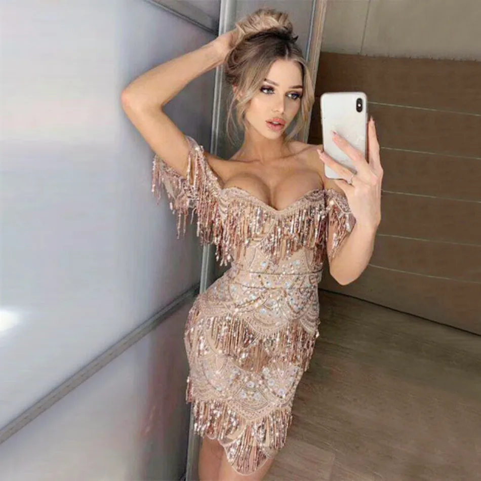 

DressBird Women Summer Short Sleeve Bodycon Dress Vestidos Sexy Off Shoulder Sequin Midi Clubwear Celebrity Evening Party Dress