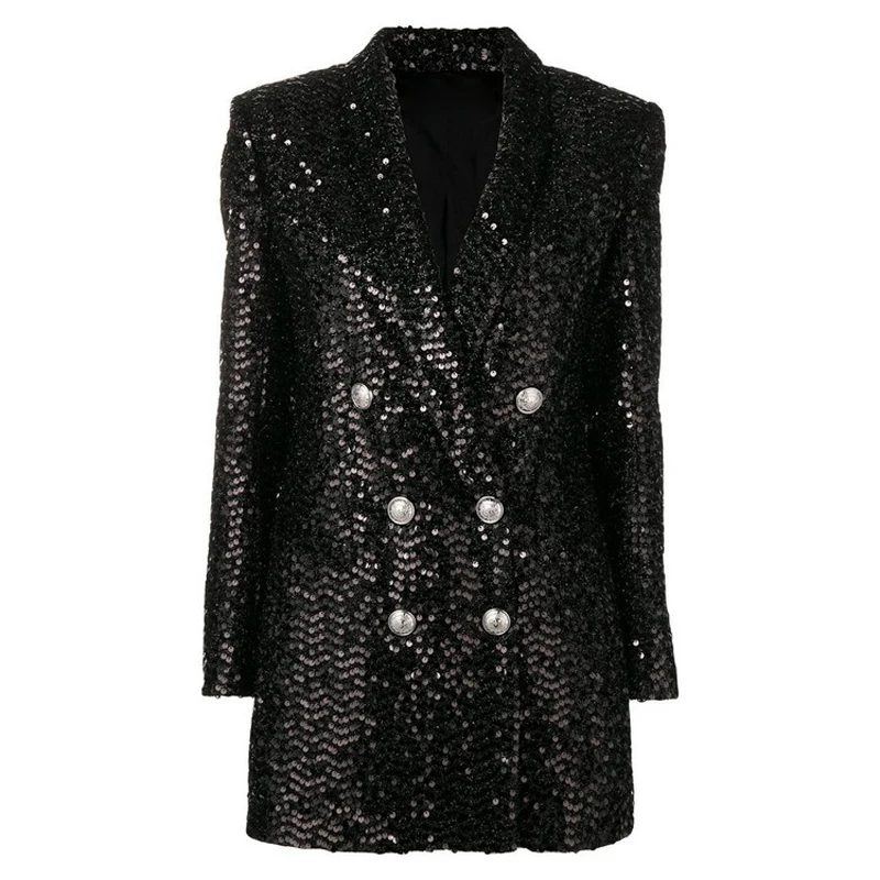 Женский блейзер с блестками Длинный серебристыми пуговицами в форме льва