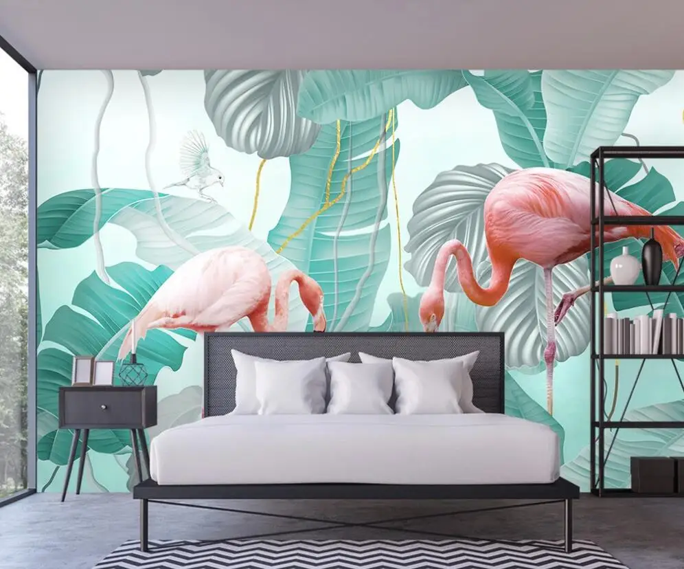 Custom 3D wallpaper fresco Nordic simple flamingo tropical leaves TV sofa background wall decoration painting