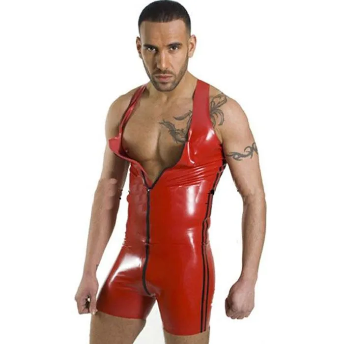 CFYH Gay Men Costume Apparel Suit Wet Look Lingerie Red Pvc Faux Leather Shorts Black Stripe Shoulder Tight Jumpsuits -Zentai shop online