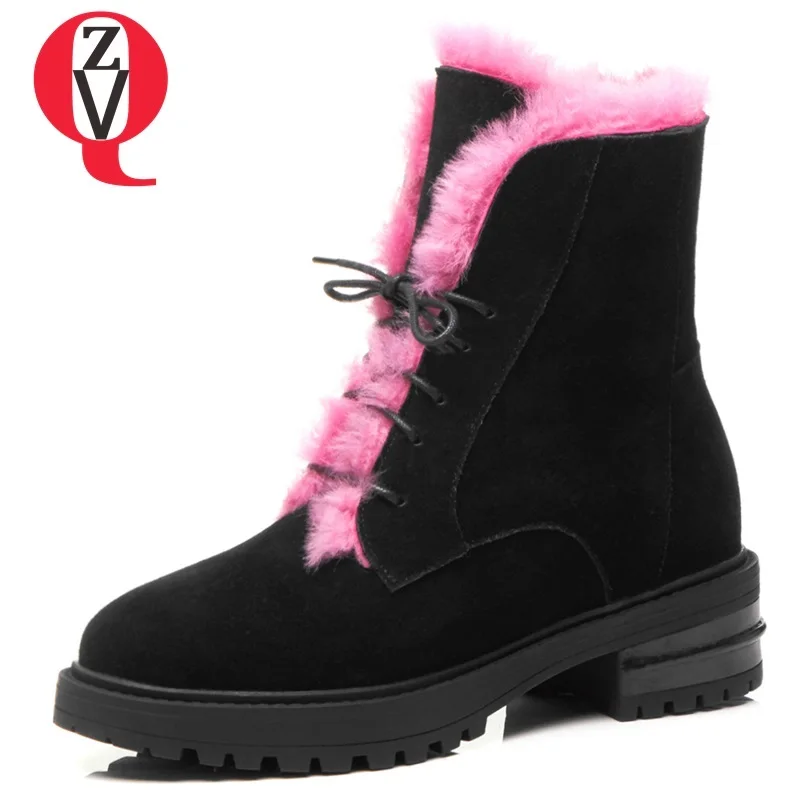

ZVQ 2018 winter newest fashion round toe black and pink snow boots med square heel platform lace-up cross-tied fur women shoes