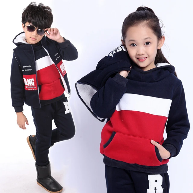 Cheap Winter Costume for Girls High Quality Tracksuits for Girls Boys Children Clothes Fashion Spell Color 3pcs Sets Sweatshirts
