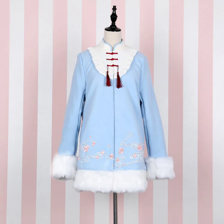 Супер милый китайский стиль зима толстый Сакура вышивка пушистый мех Лолита пальто длинный фестиваль чувствовать себя верхняя одежда подарок головной убор - Цвет: blue