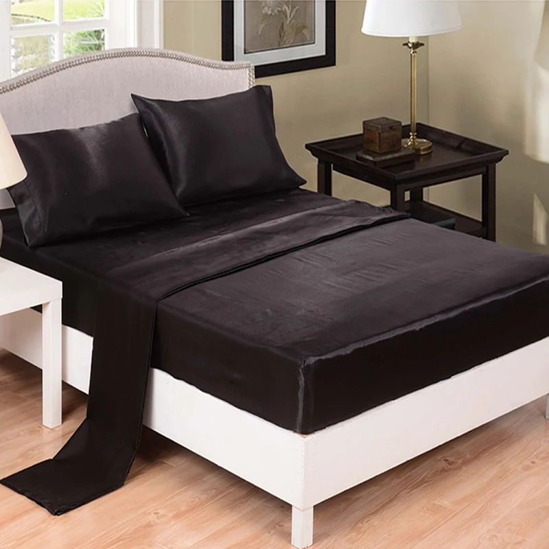 Satin Fabric Fitted Sheet Sets Black White Color Rubber Mattress