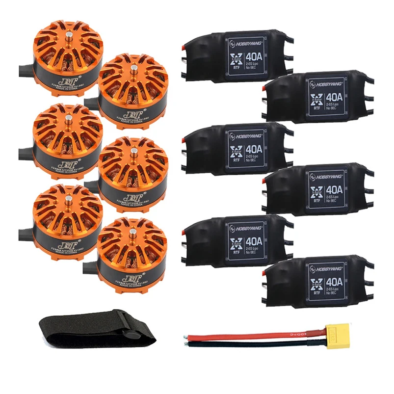 

DIY 6-axis Aircraft Hexcopter Motor Combo 6pcs 3508 380kv Motor + 6pcs Hobbywing XRotor 40A ESC + XT60 Connector+Fastening Tape