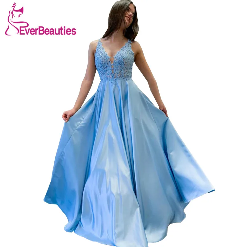 

Vestido De Festa Longo Sky Blue Evening Dress Long 2019 Satin Appliques Formal Party Gowns Robe De Soiree