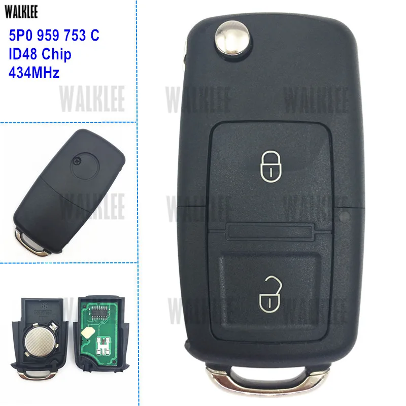 

WALKLEE Remote Key for SEAT/SKODA/VW/VOLKSWAGEN 5P0959753C / 5P0 959 753 C / 5PO 434MHz with ID48 Chip