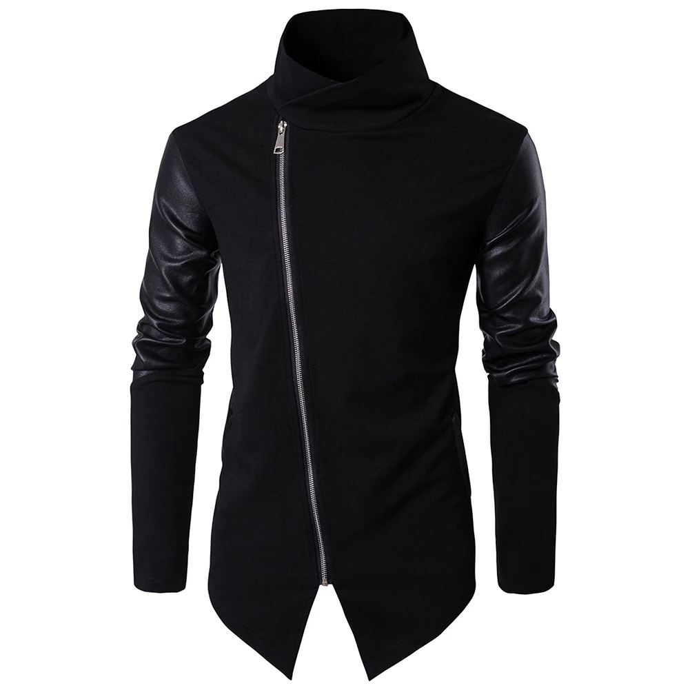 

Helisopus Men Casual Jackets Autumn PU Leather Long Sleeve Turtleneck Jackets Men's Moto Style Knitted Coat Plus EUR Size
