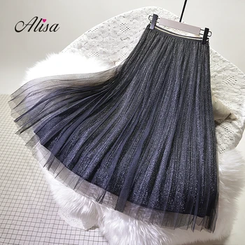 

New Autumn Witner Long Skirts For Women Fashion Bright Silk Bri High Waist A-line Skirts Pattern 2018 Female Solid Pleated Skirt