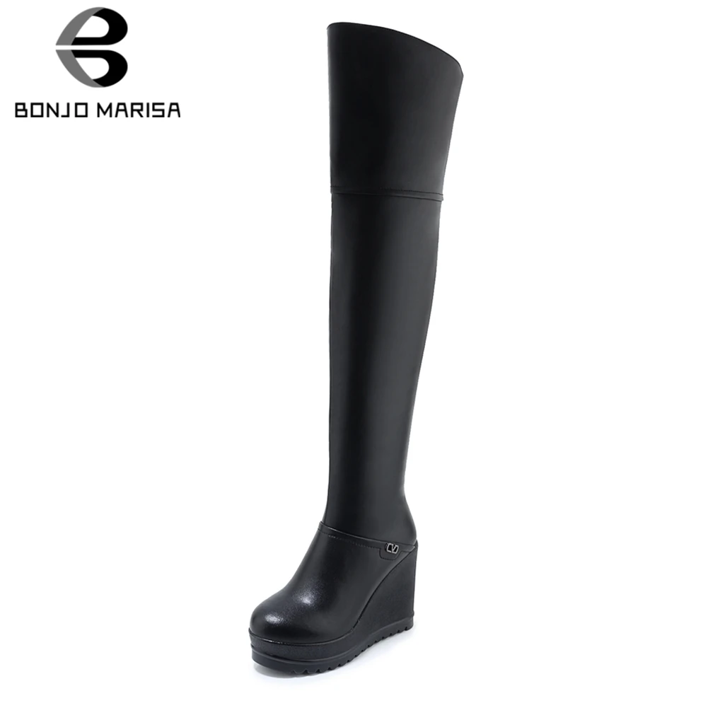 

BONJOMARISA Genuine Cow Leather New Fashion Wedge High Heels Winter Boots Woman Shoes Women Zipper Black Shoes Woman Boots