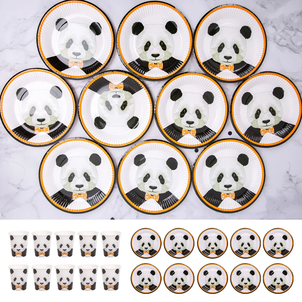 High Quality 10Pcs Cute Panda Paper Plates Cups Set Kids Birthday Wedding Party Tableware for Festive & Party Supplies