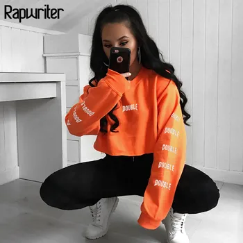 

Rapwriter Fashion Letter Printed Short Harajuku Sweatshirt Women Autumn O-Neck Long Sleeve Crop Top Sweatshirts Pullovers Tops