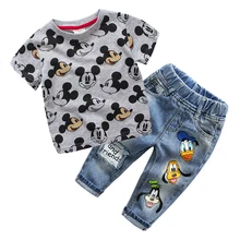 Комплект детской одежды для мальчиков, футболка, Летний джинсовый костюм, детский спортивный костюм, детская одежда с рисунком Микки Мауса для детей 2, 3, 4, 5, 6 лет
