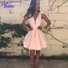 Kurze Cocktail Kleid für Partei 2016 Rosa Ballkleid Prinzessin Satin Abendkleider für Junior ysmo tiefem V-Ausschnitt Sexy Cocktailkleider